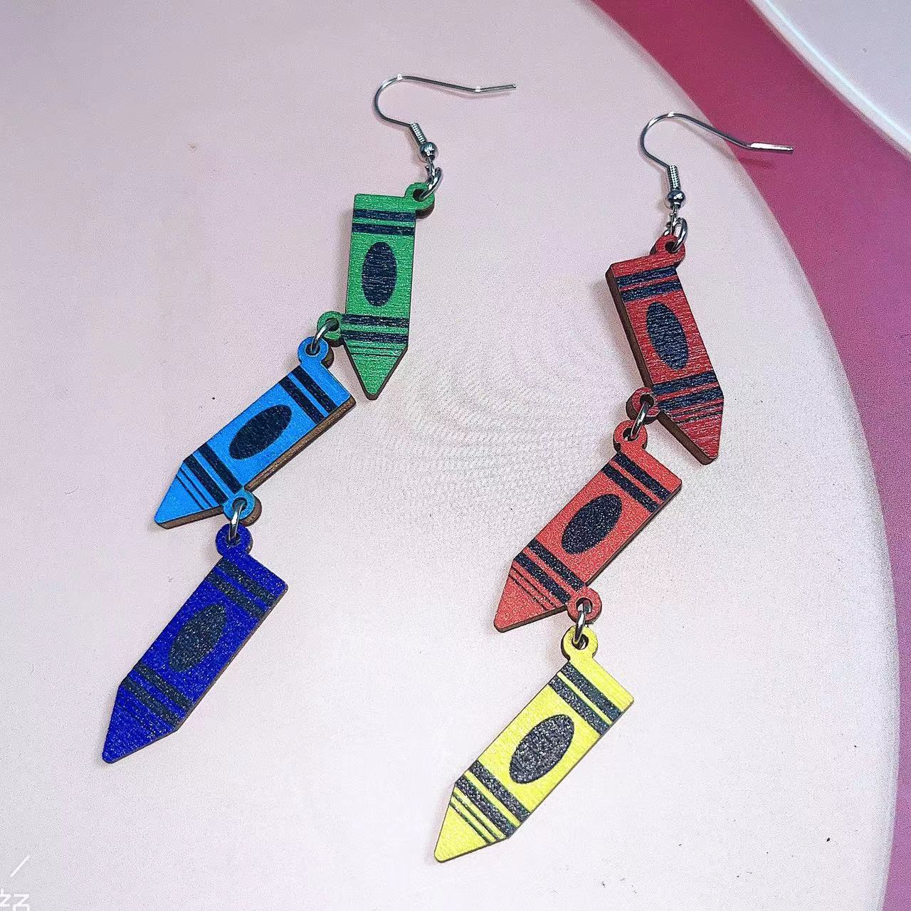 Wholesale Teacher's Day Colorful Crayon Pendant Wood Earrings ACC-ES-AnDao026