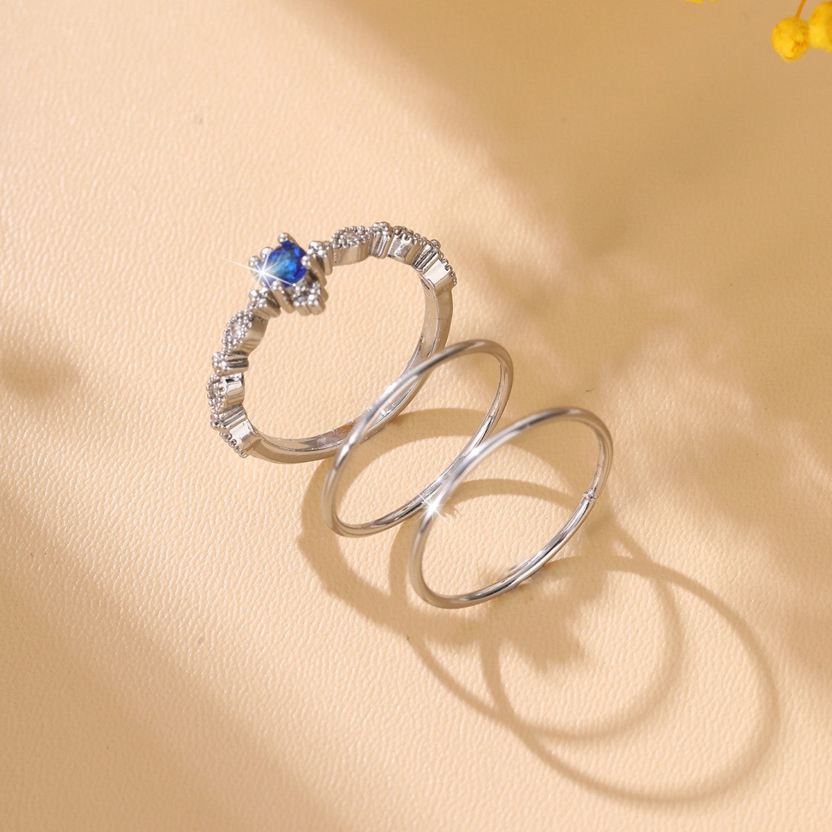 Wholesale  three-piece set copper inlaid shiny blue zircon ring