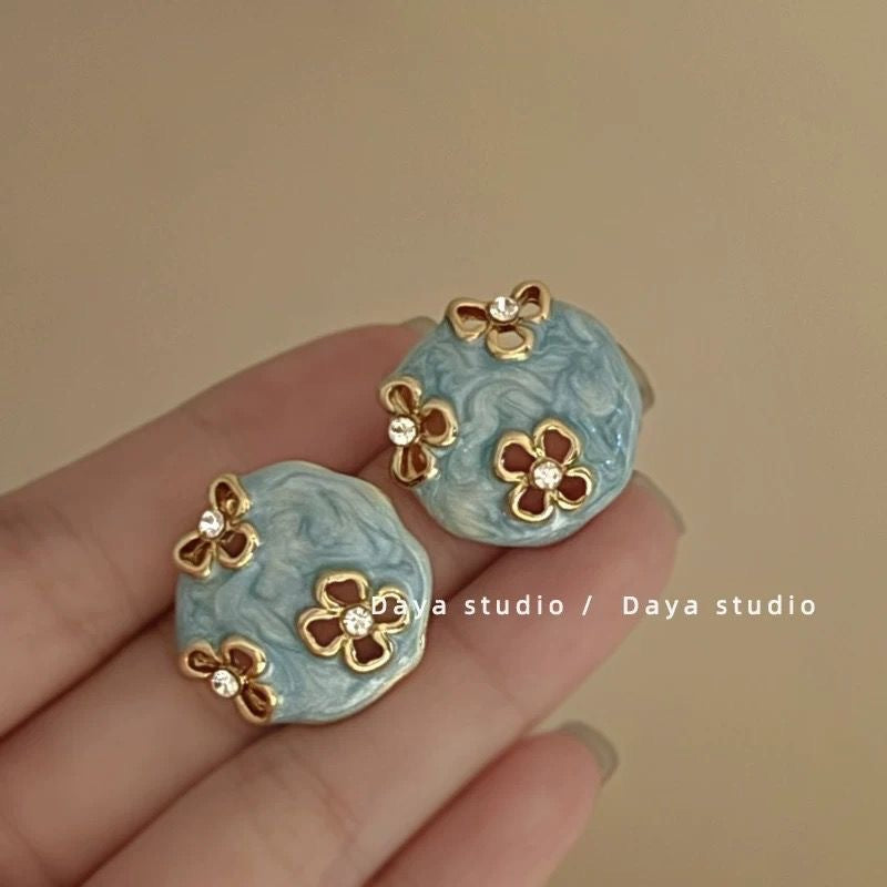 Wholesale Embossed Hazy Blue Vintage Drip Glaze Rose Flower Zircon Earrings