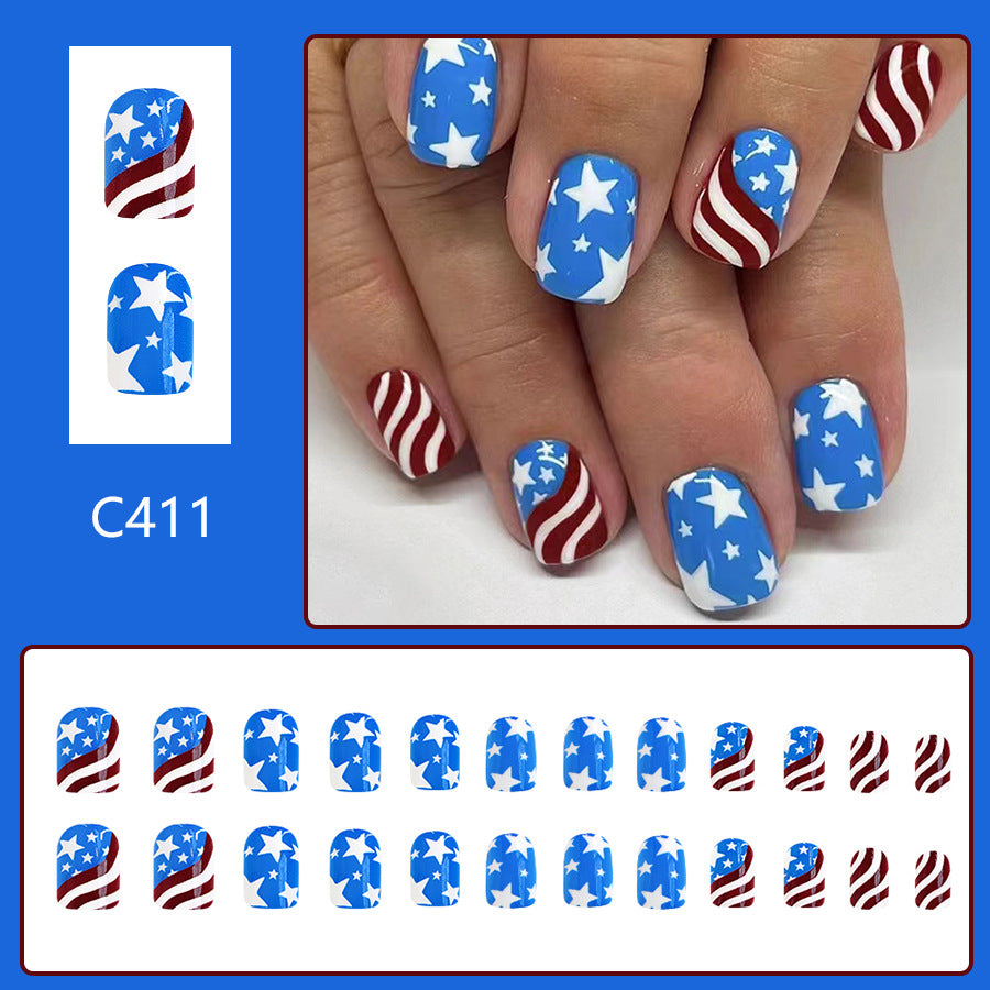 Wholesale 24 Pieces/box American Independence Day Short Striped Five-pointed Star Manicure Press-on Nails Kits Nail Stickers ACC-NS-GuaiXL016