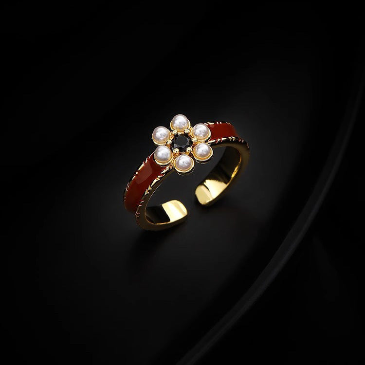 Wholesale Red Blood Oil Vintage Maillard Enamel Pearl Flower Elegant Court Style Opening Adjustable Ring