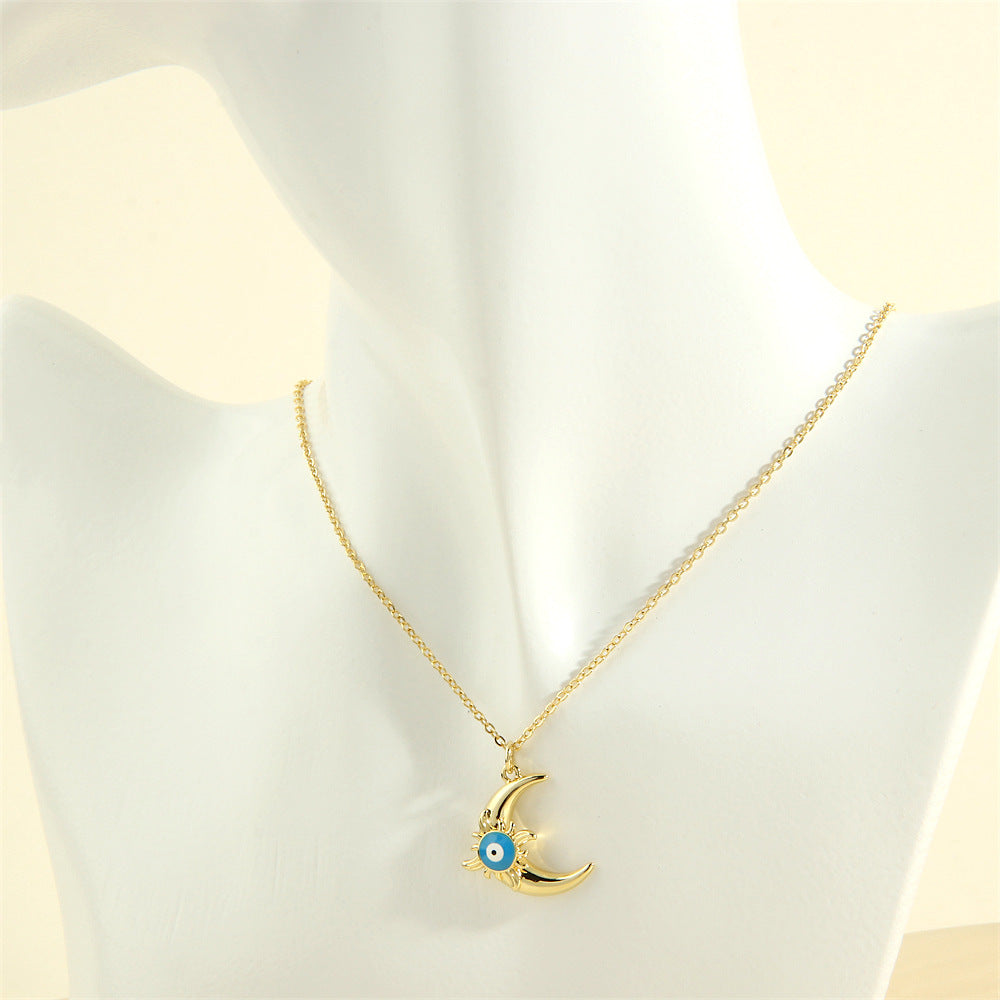 Wholesale  Copper Plated 18K Gold Moon Necklace Light Luxury Elegant Devil's Eye Oil Drop Clavicle Chain