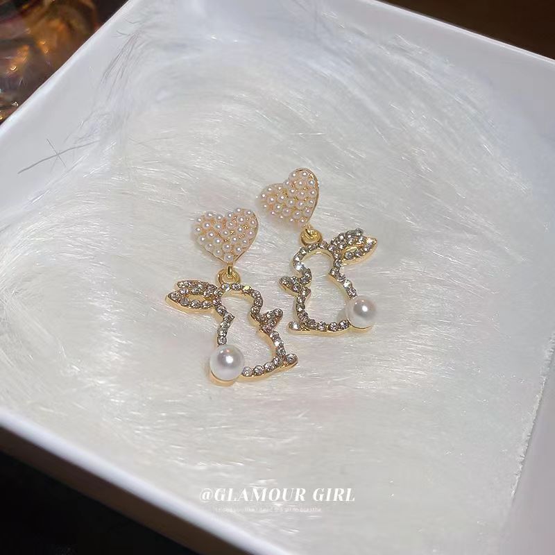 Wholesale Silver Needle Diamond Cute Bunny Easter Earrings