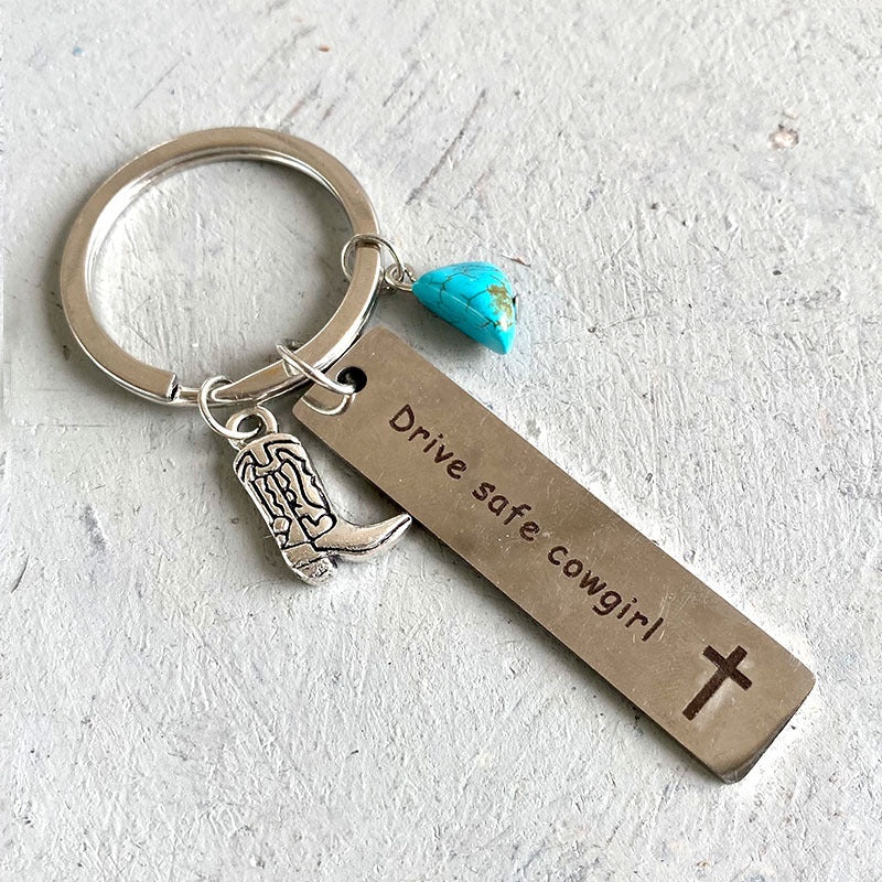 Wholesale Western Cowboy Boot Keychain With Turquoise Cross Cactus Horseshoe Metal Pendant Creative Textured Car Key Accessory