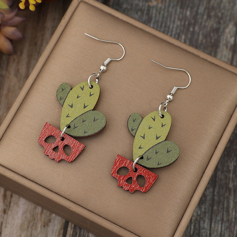 Wholesale  western style cactus potted mosaic simple fashion earrings wooden earrings