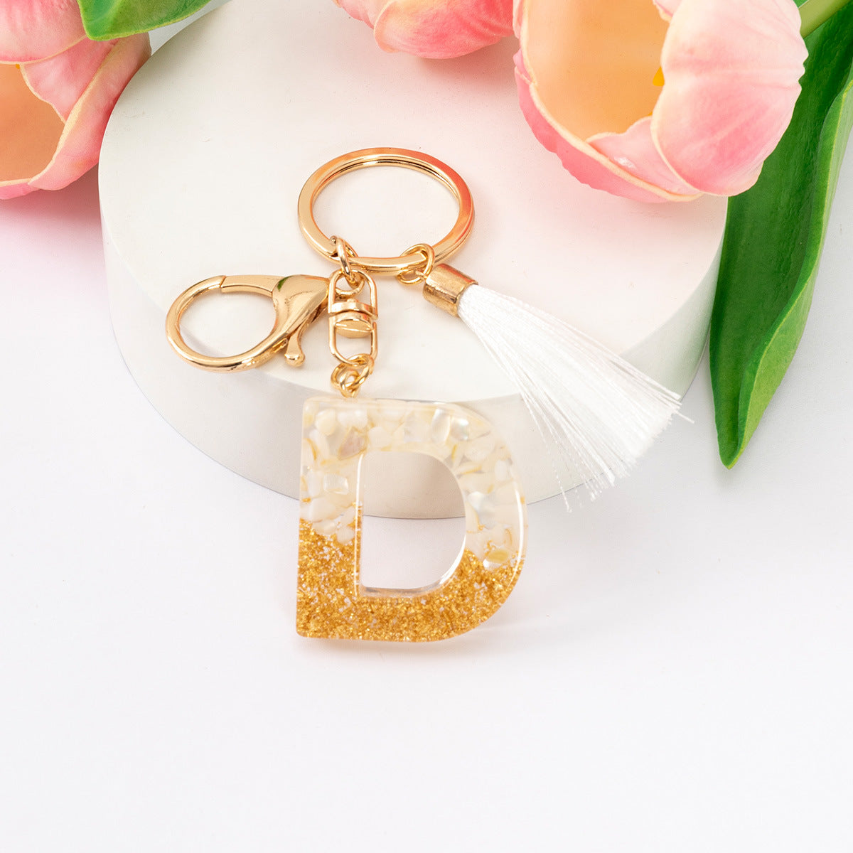 Wholesale Gold Foil New Resin Crystal Glue White Tassel Color English Digital Keychain