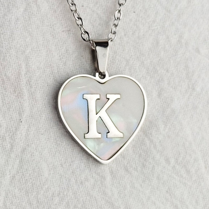 Wholesale 26 English Letters Heart Inlaid Shell Titanium Steel Necklace ACC-NE-DingChao002