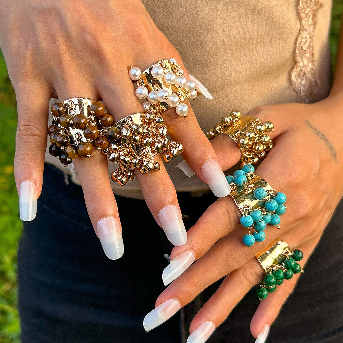 Wholesale Vintage Heart Colorful Gemstone and Pearl Tassel Ring for Boutique Resale