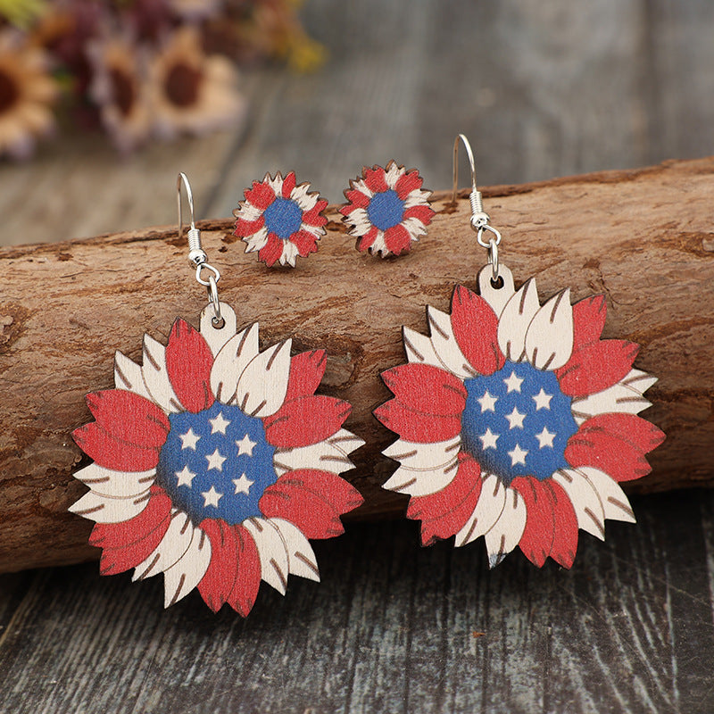 Wholesale Independence Day Red White Blue Flag Color Love Stars Big Flowers Wooden Earrings