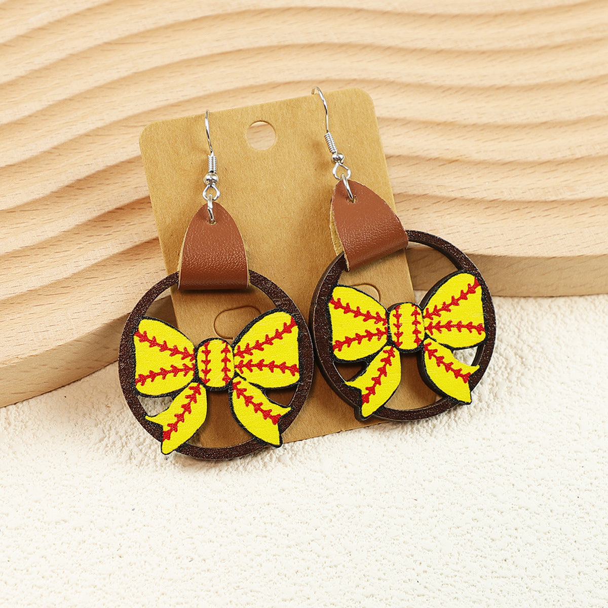 Wholesale Sports Sunflower Flower Baseball Bow Leather Wooden  Earrings