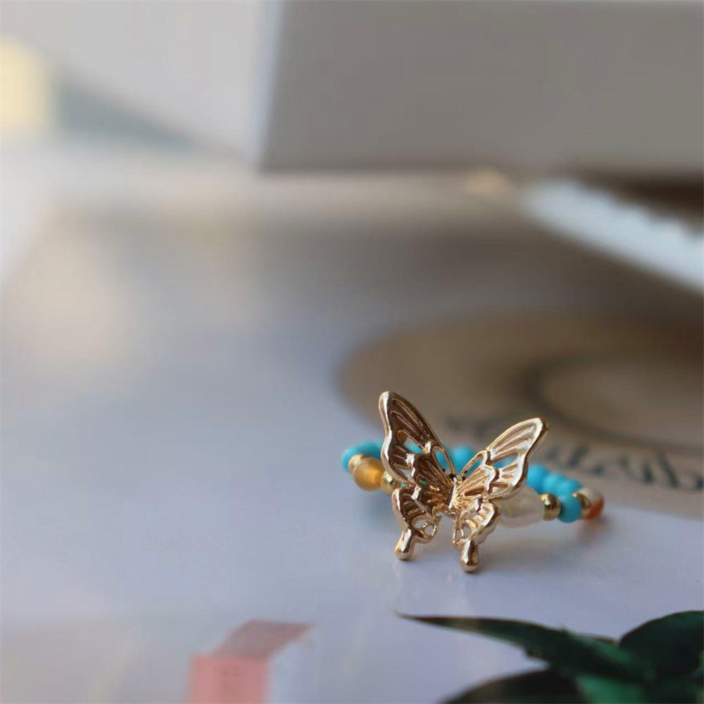 Wholesale Vintage Contrast Turquoise Agate Pearl Stretch Ring