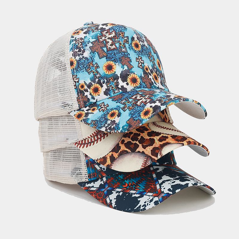 Wholesale Western Style Sunflower Cow Pattern Aztec Ponytail Hat Mesh Cap Baseball Cap ACC-HT-LvYi001