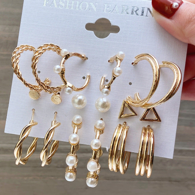 Wholesale French Vintage Gold Earring Set with Pearls 6 Pieces ACC-ES-HZS001