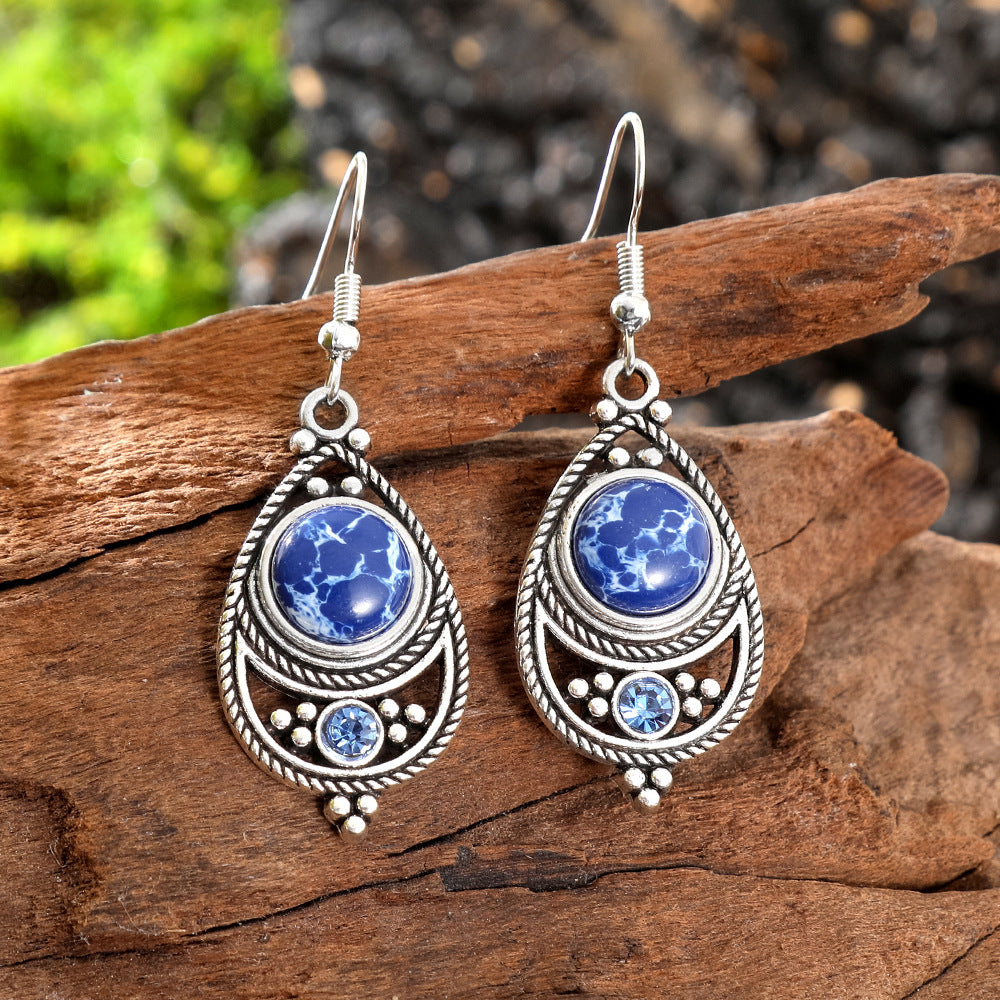 Wholesale Antique Finish Alloy Drop Earrings,  Bohemian French Style Turquoise Inlay Women' s Fashion Jewelry