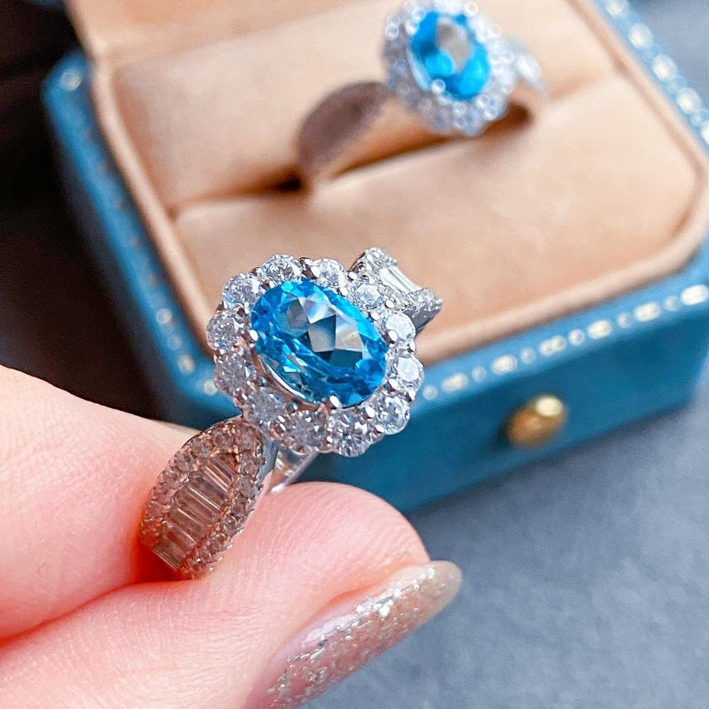 Wholesale  Simulation Sky Blue Topaz Full Diamond Simple Elegant Open Ring Women' s Ring