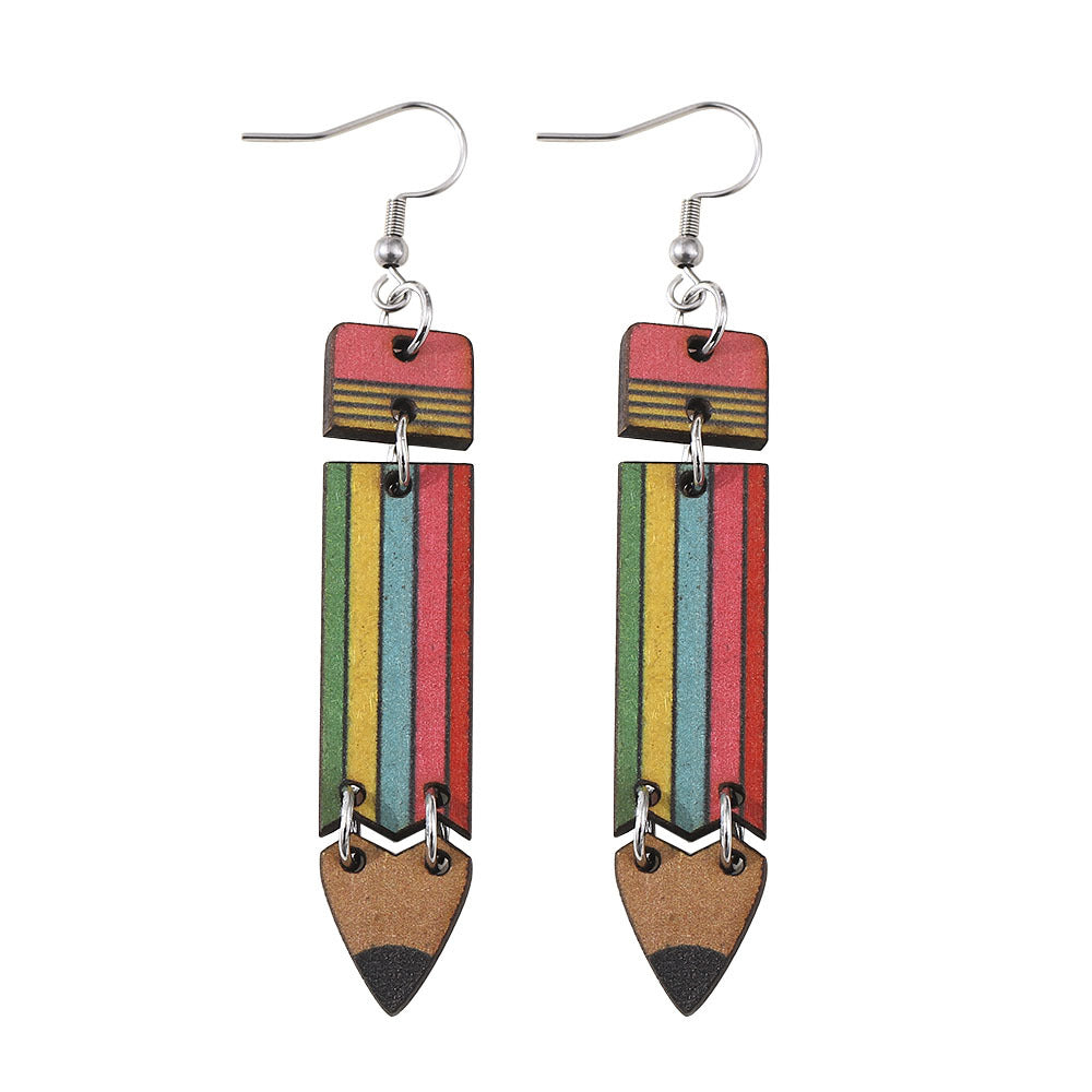 Wholesale  Teaching and Learning Rainbow Pencil Double-sided Wooden Earrings