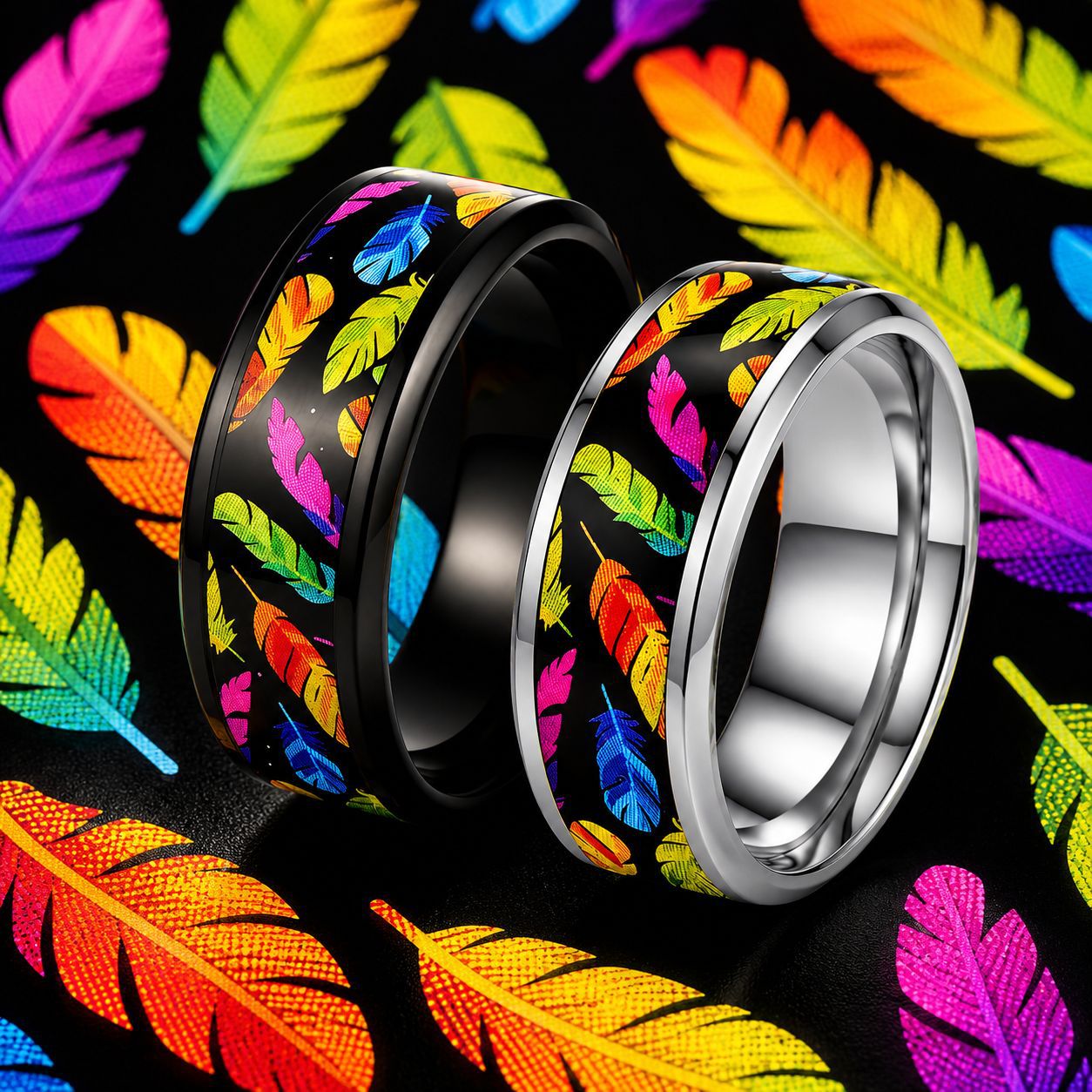 Wholesale Rainbow Feather Print Stainless Steel Ring European American Style Fashion Jewelry Accessory