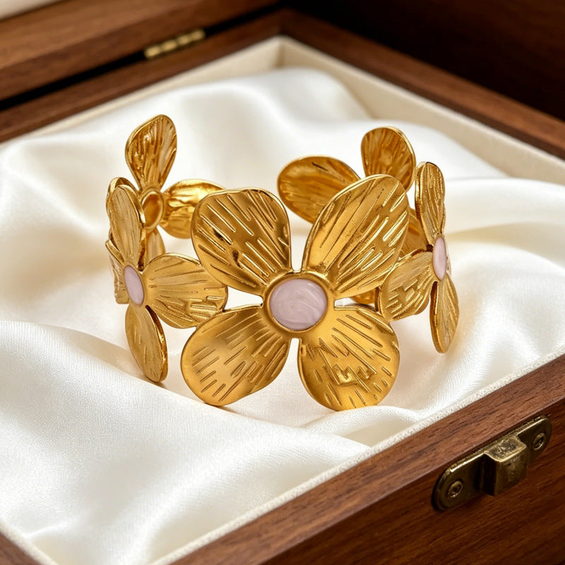 Wholesale Stainless Steel Electroplated Flower Open Cuff Bracelet - Trendy Boutique Resale Jewelry