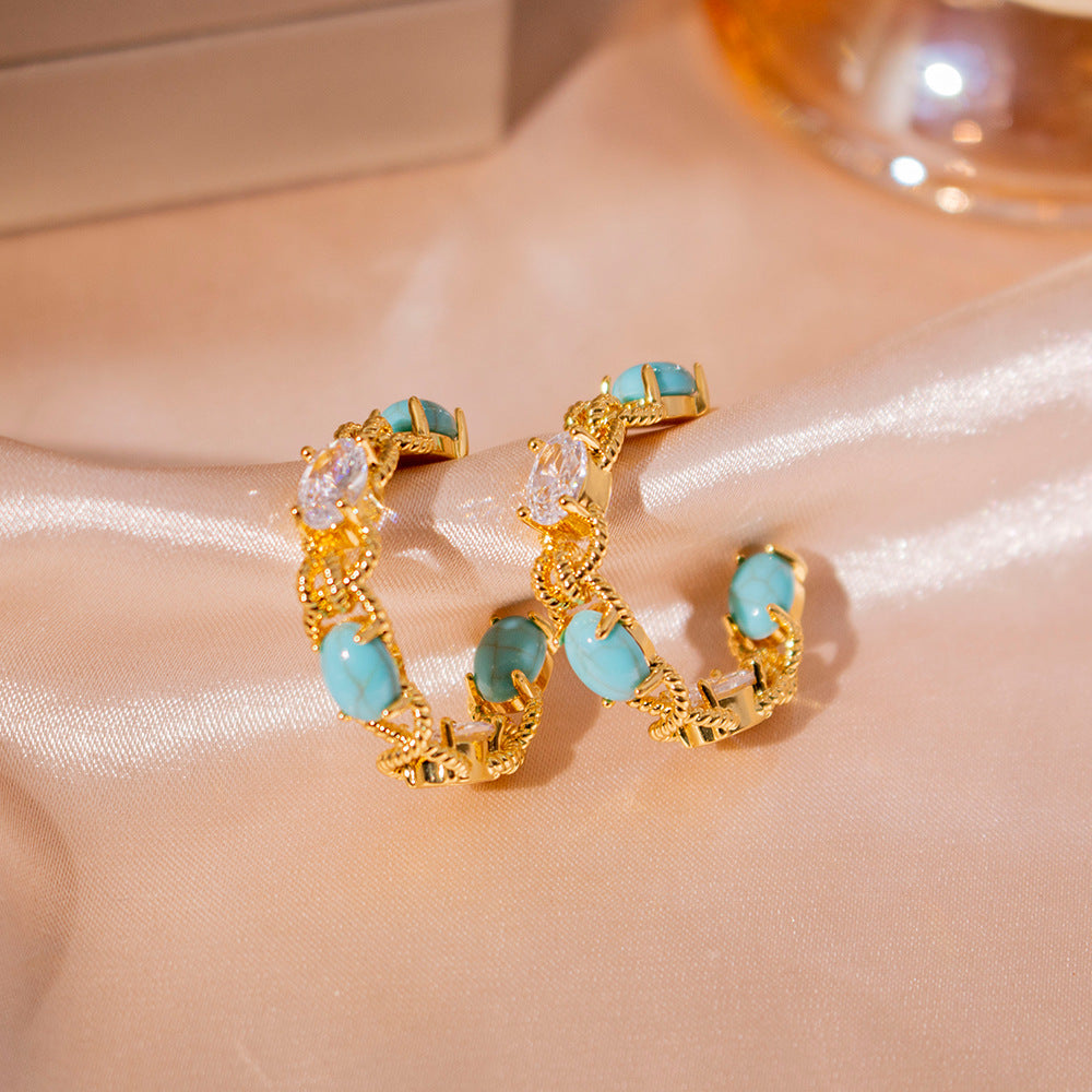 Wholesale  Light Luxury Turquoise Zircon C- shaped Earrings