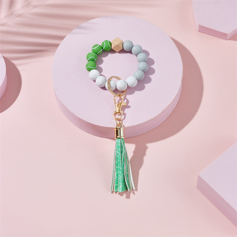 Wholesale Football Basketball Baseball Silicone Beaded Leather Tassel Wrist Keychain