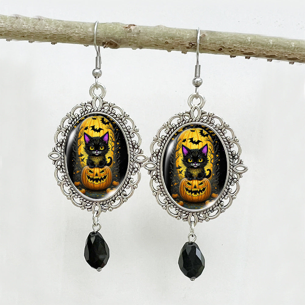 Wholesale Halloween Stainless Steel Ear Hook Oval Lace Pumpkin Black Cat Moon Metal Earrings ACCVIP-ES-XiangLian005