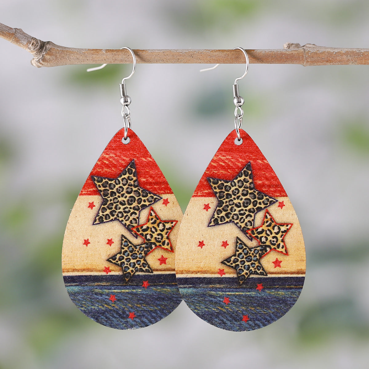 Wholesale of American Independence Day Five Pointed Star Rainbow Bull Head Heart Wooden Double Sided Earrings ACC-ES-ChuLian015