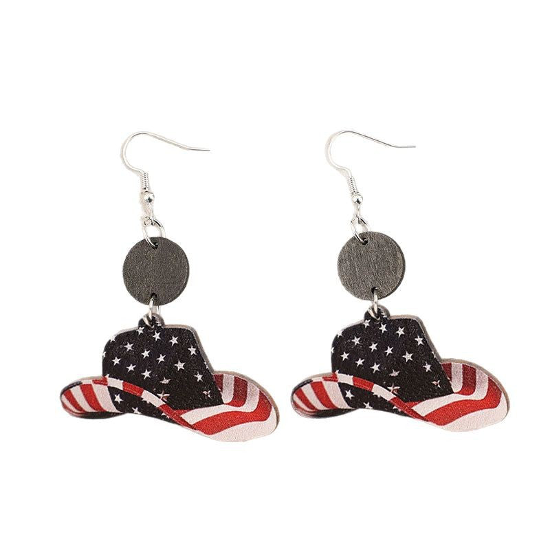 Wholesale American Independence Day retro cowboy hat striped five-pointed star wooden earrings