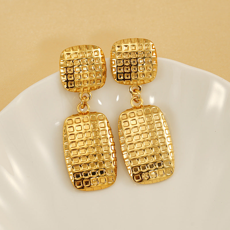 Wholesale Retro Square Check Stainless Steel Earrings ACC-ES-ZhongYao005