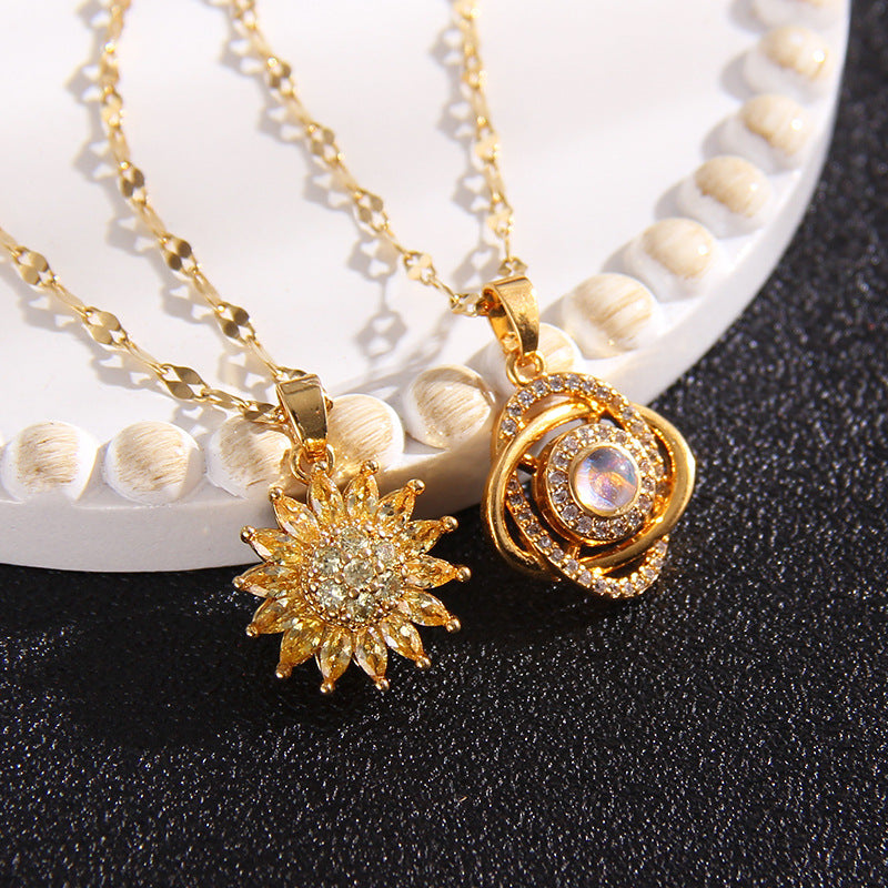 Wholesale rotating flower necklace zircon pendant titanium steel clavicle chain ACC-NE-Rongc001