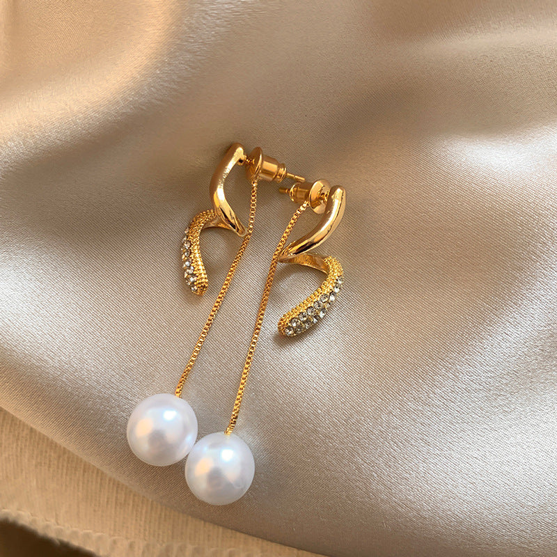 Wholesale  Spiral Full Diamond Tassel Pearl Earrings