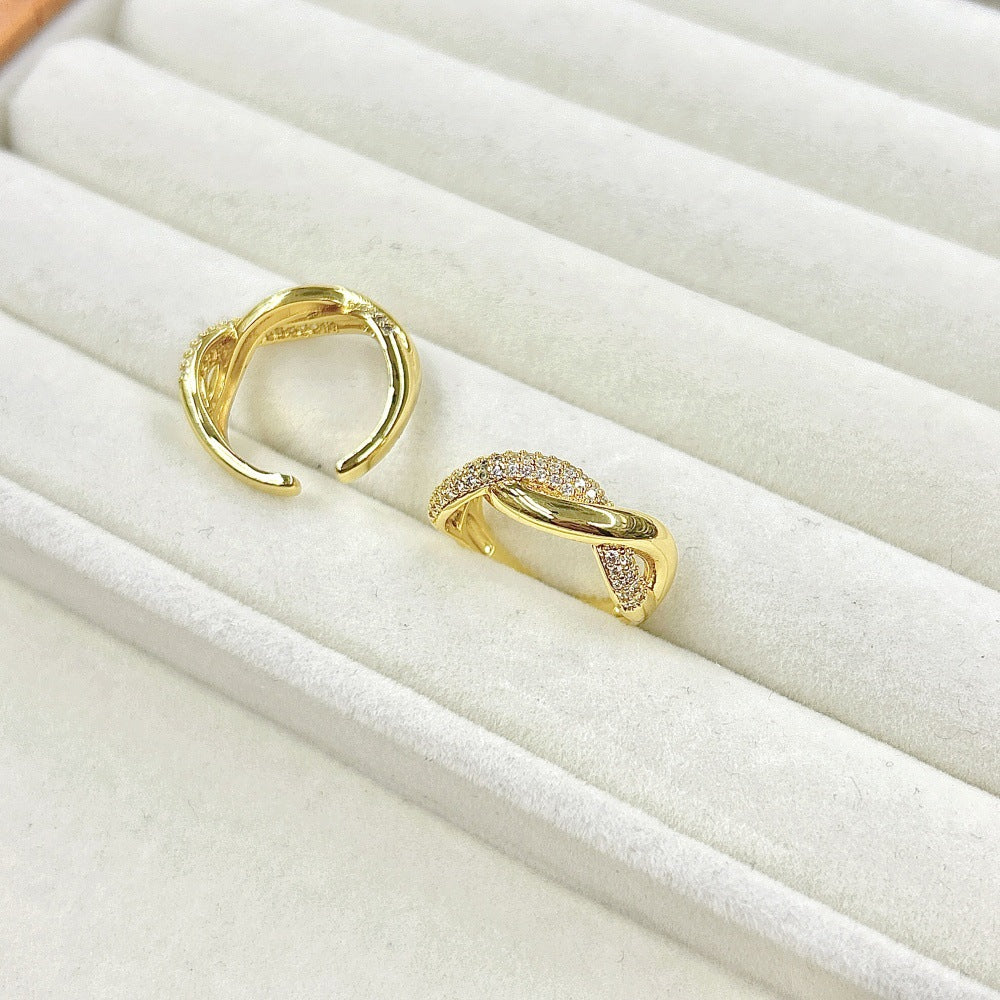 Wholesale Wave-patterned copper-inlaid zircon-wrapped adjustable ring