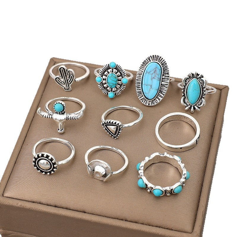 Wholesale Vintage Turquoise Ring Set 10-Piece Cactus Geometric Alloy Jewelry Accessory