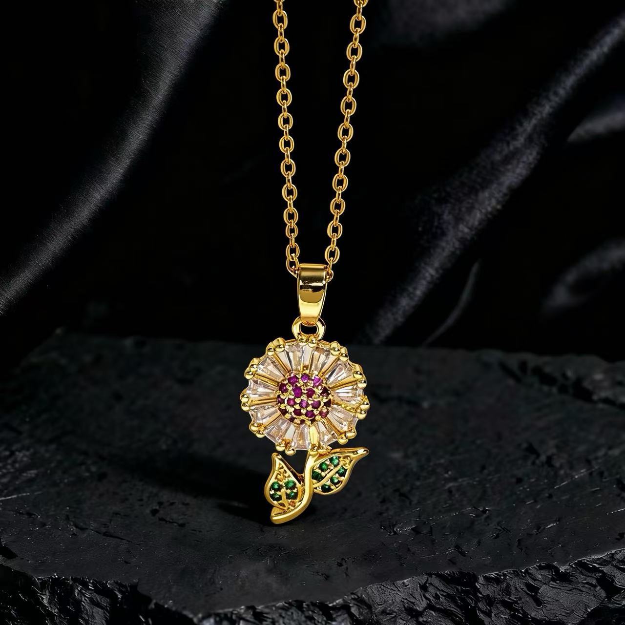 Wholesale Gold Plated Copper Zircon Sunflower Necklace Layering Jewelry For Women Trendy Party Fashion Accessory Everyday Wear Boutique Resale