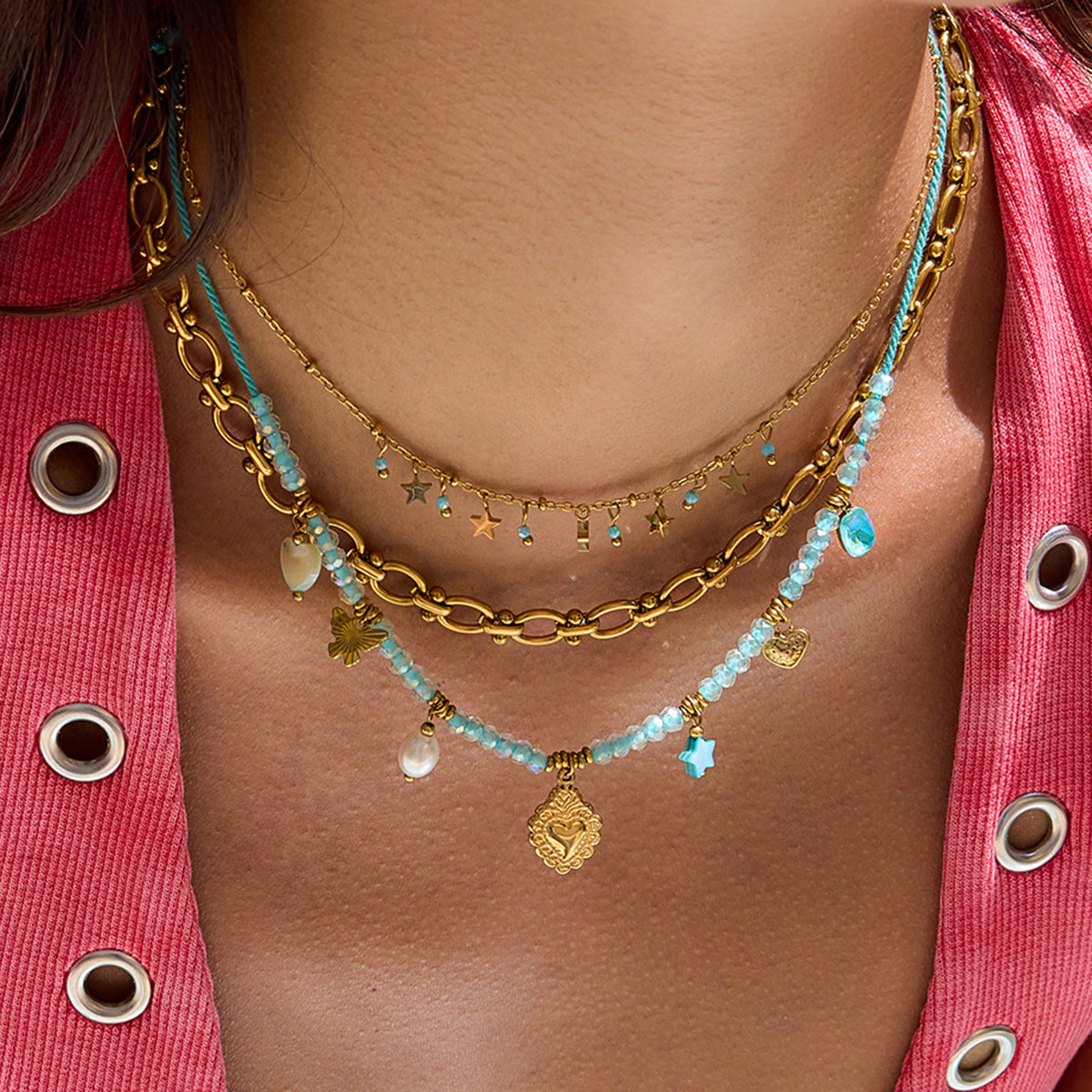 Wholesale  18K Gold Stainless Steel  Pearl Heart Five-Pointed Star Pendant Necklace