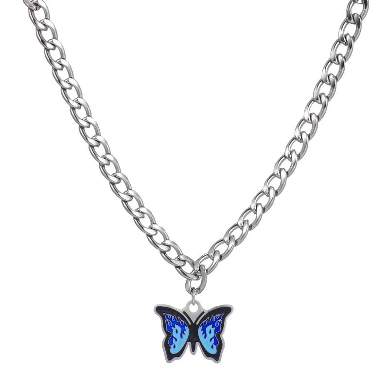 Wholesale Titanium Steel Blue Flame Butterfly Pendant Necklace Fashion Jewelry Accessory for Women