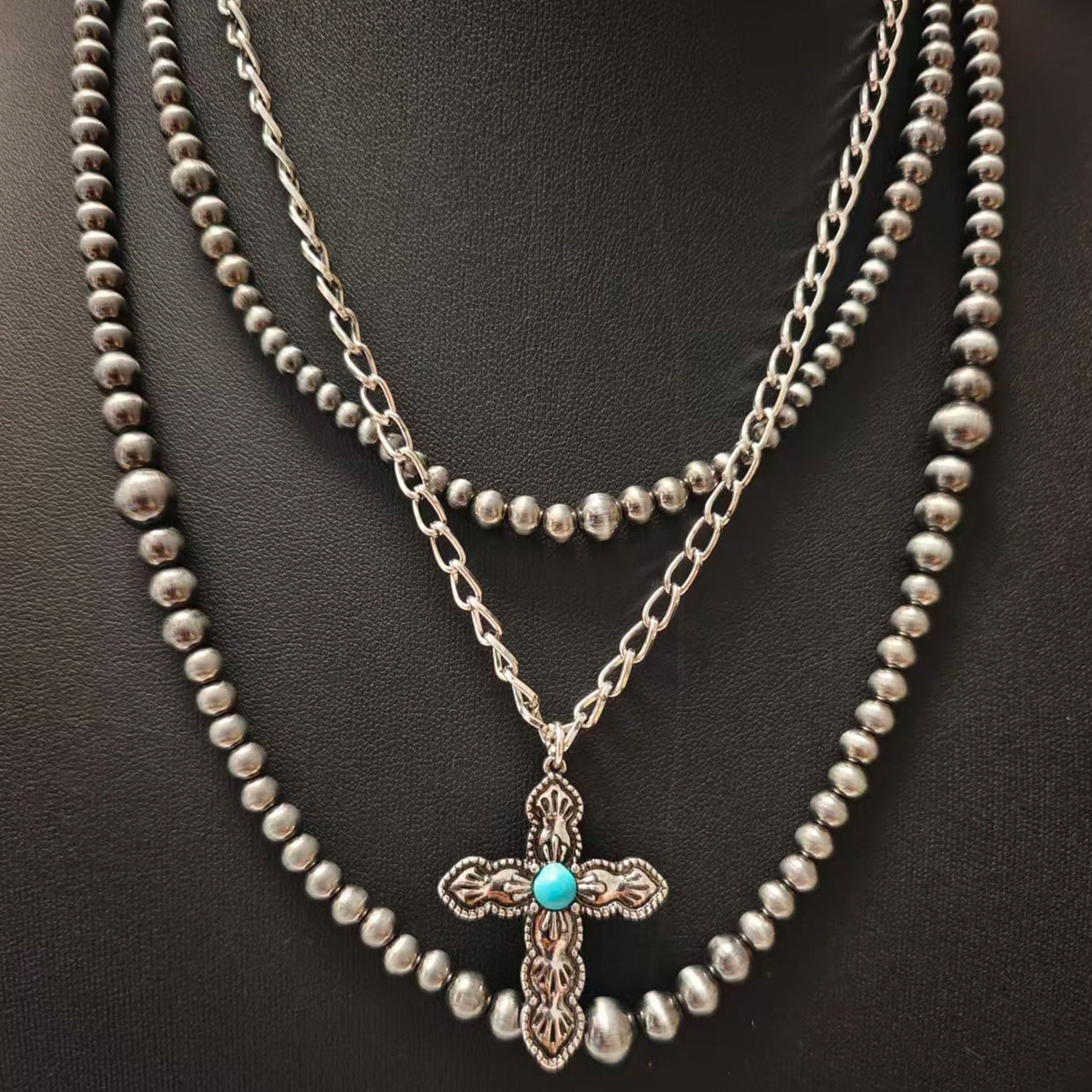 Wholesale Bohemian Layered Beaded Turquoise Necklace Set Western Cowboy Style Jewelry Accessory