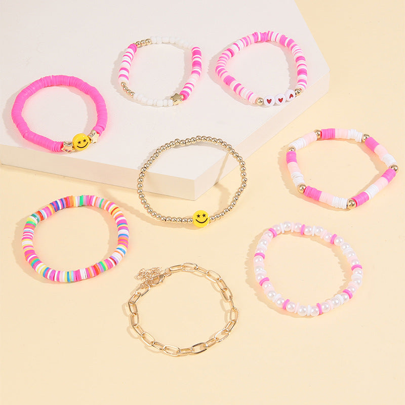 Wholesale  Multi-layer Thread Clay Love Heart  Face Bracelet Set