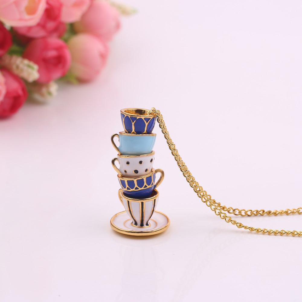 Wholesale  Painted Tea Cup Earrings Long Necklace Sweater Chain Accessories