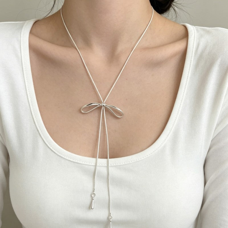 Wholesale Korean Style Bow Pendant Long Sweater Chain Necklace Alloy Plated Jewelry Accessory For Women Gift Boutique Resale