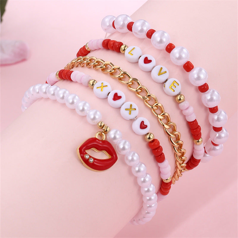Wholesale Valentine's Day Pink soft pottery letters bracelet set