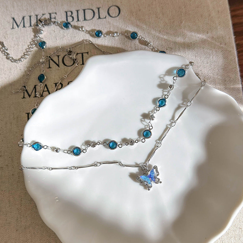 Wholesale Blue Double Layer Butterfly Necklace