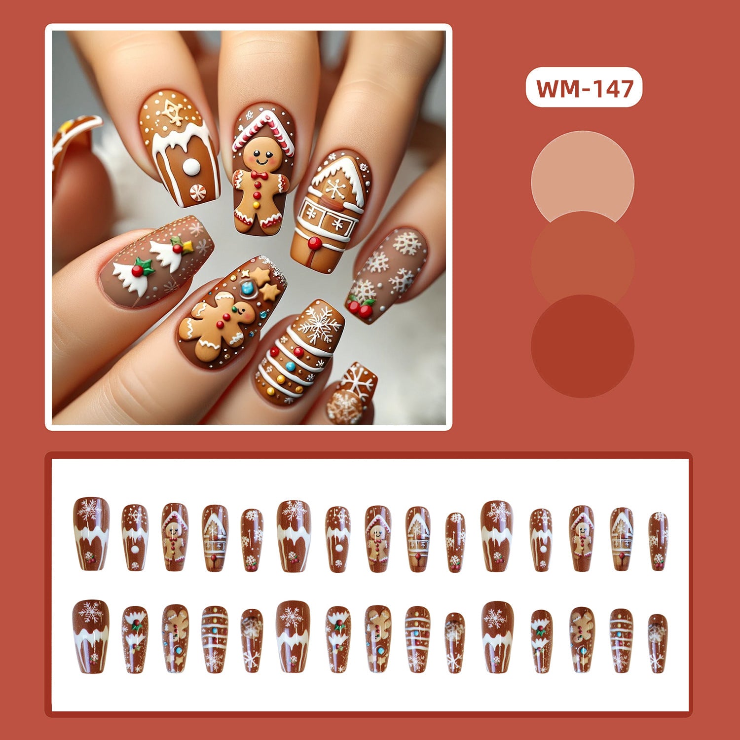 Wholesale 24 Pieces/ box Christmas Gingerbread Man Nails Kits Nail Stickers