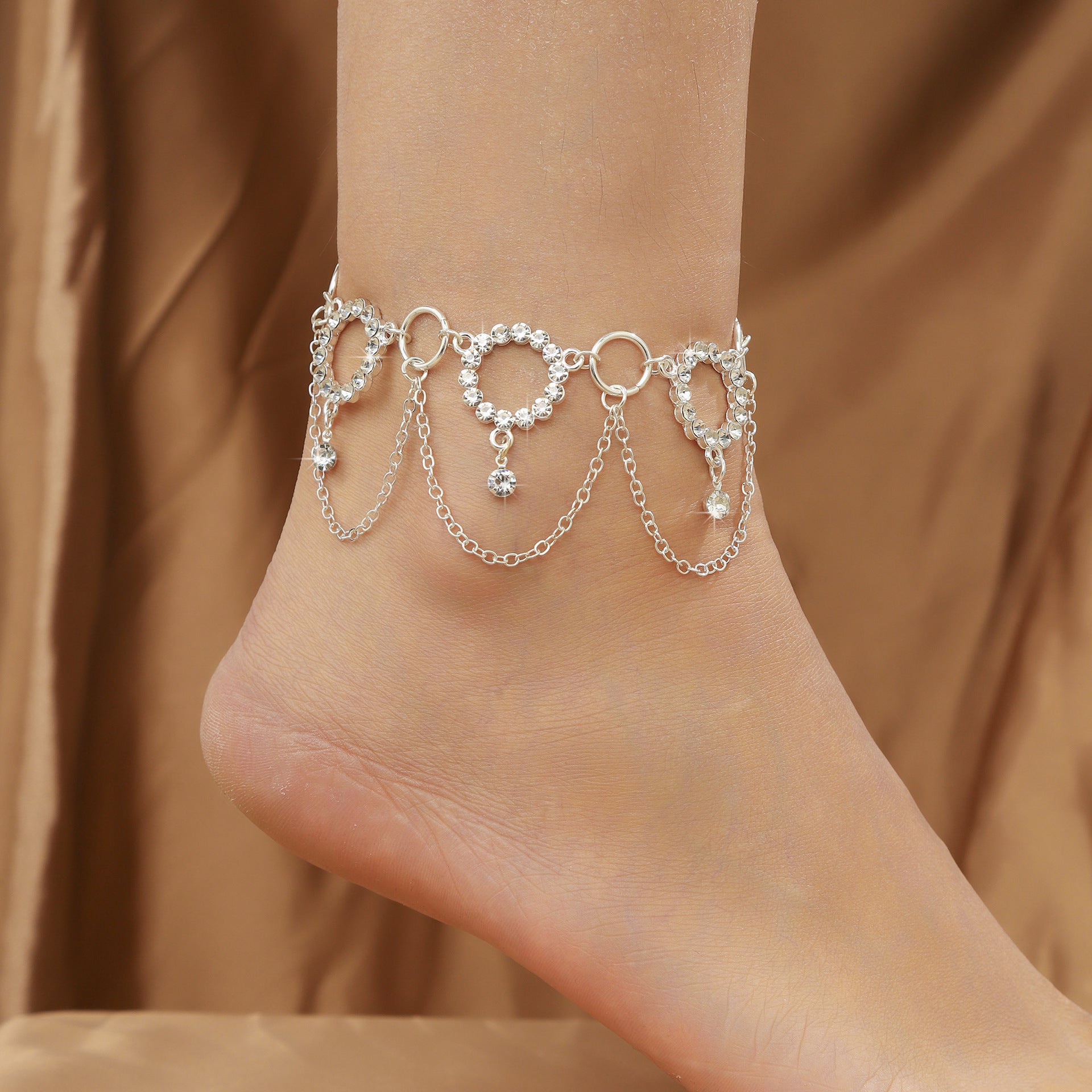 Wholesale Chain and diamond tassel hoop anklet