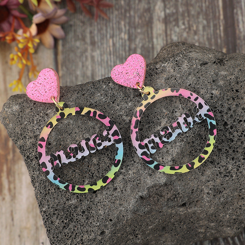 Wholesale  Mother's Day  Colorfulful Cut Out Round Letter Stitching Sequin Heart Acrylic Earrings