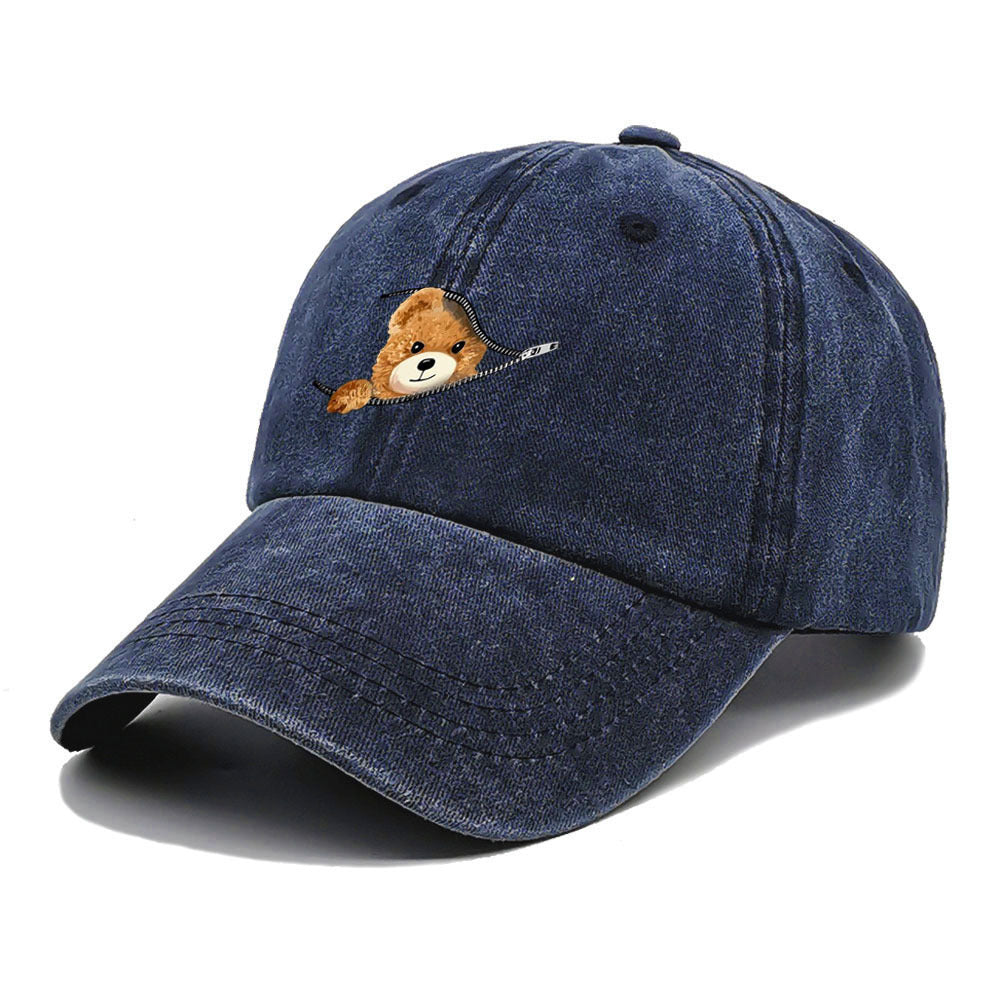 Wholesale Zipper Bear Print Cotton Vintage Washed Baseball Cap Hat