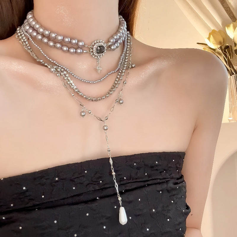 Wholesale Silver Grey Multi-layer Stacked Pearl Necklace