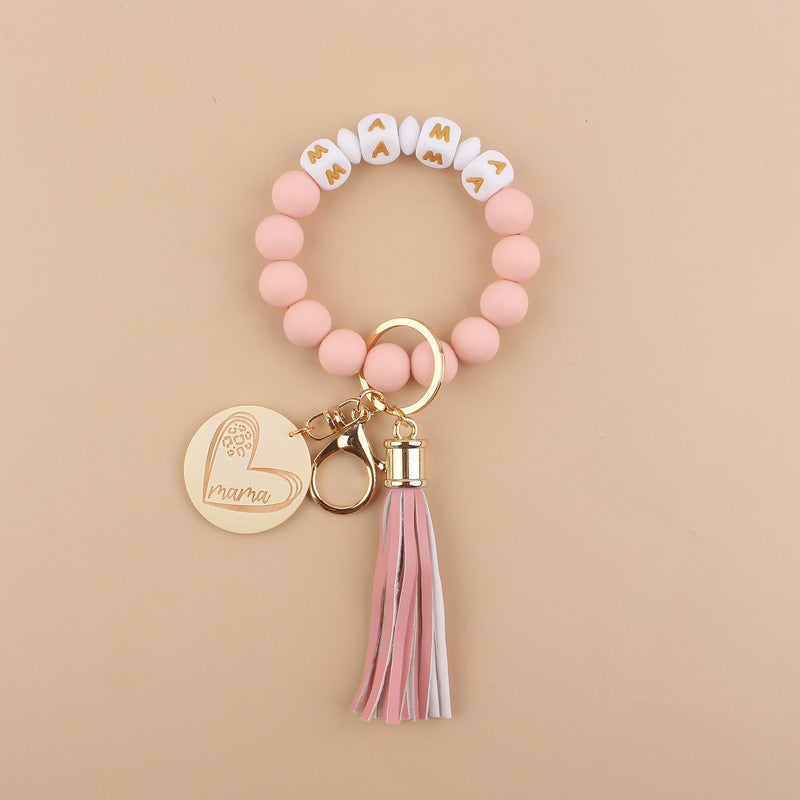 Wholesale Cartoon Love Wooden Brand MAMA Silicone Beaded Wrist Keychain ACC-KC-GuangTian026