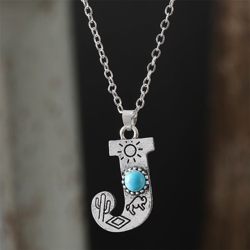 Wholesale  Retro 26 English Letter Turquoise Necklace Clavicle Chain