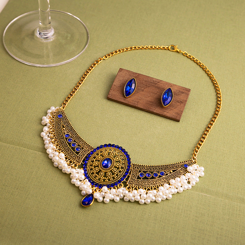 Wholesale  Metal  Necklace Earrings suit New Bohemian Ethnic Style Round Diamond Pearl Stud Earrings