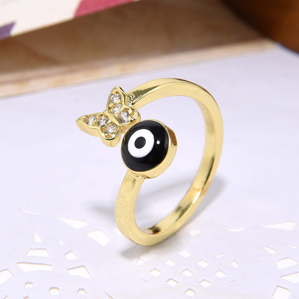 Wholesale Copper plated 18k color-preserving zircon butterfly oil-drop evil eye ring